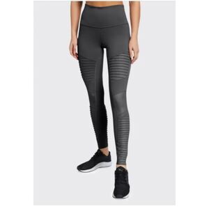 Alo Yoga Moto Leggings Gray High Waist Ribbed Panels Stretch Fit Athleisure Sz S
